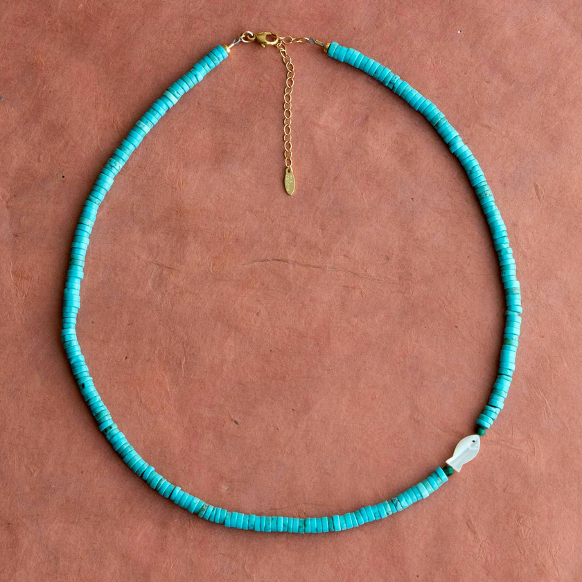 Turquoise & Mother Of Pearl Fish Necklace