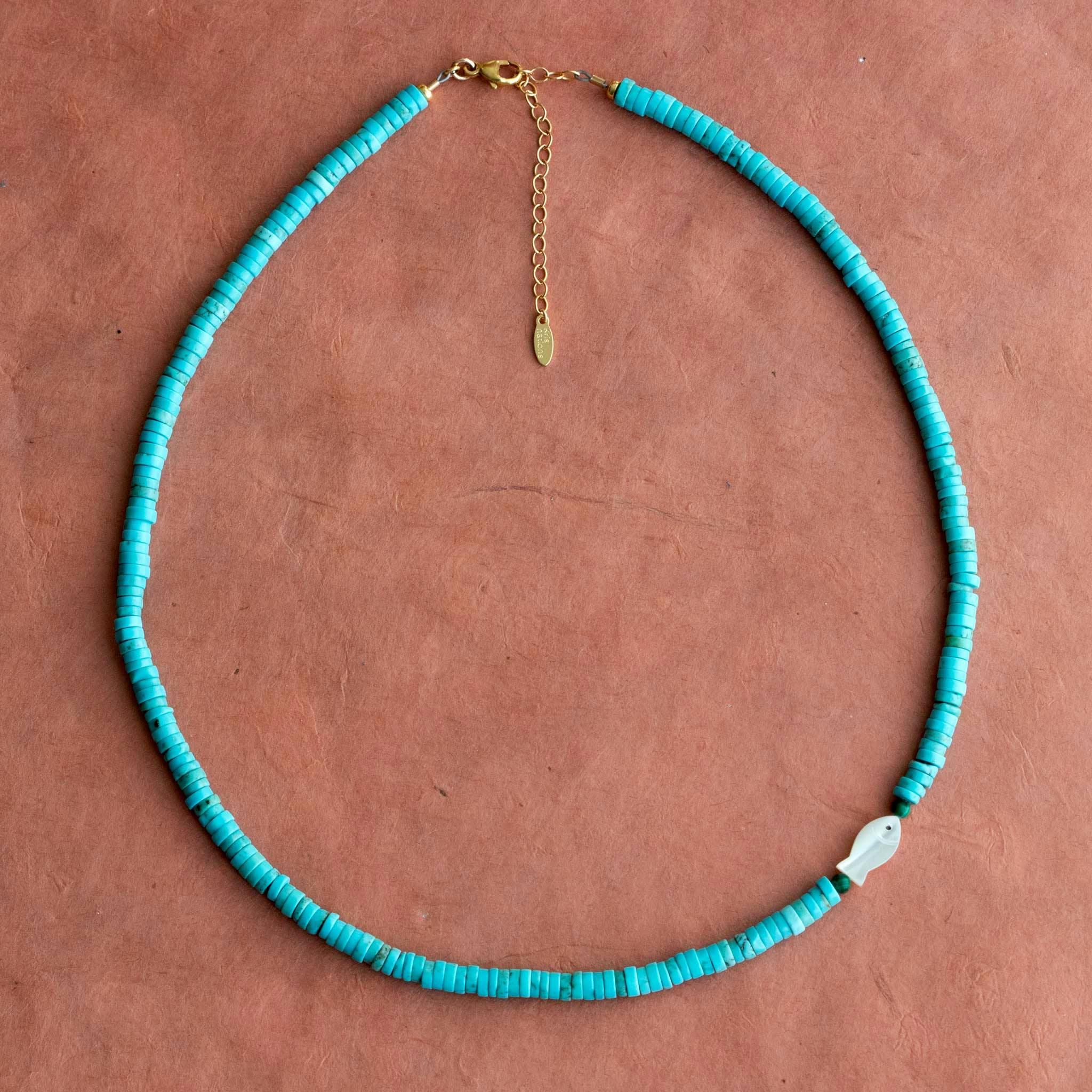 Turquoise & Mother Of Pearl Fish Necklace