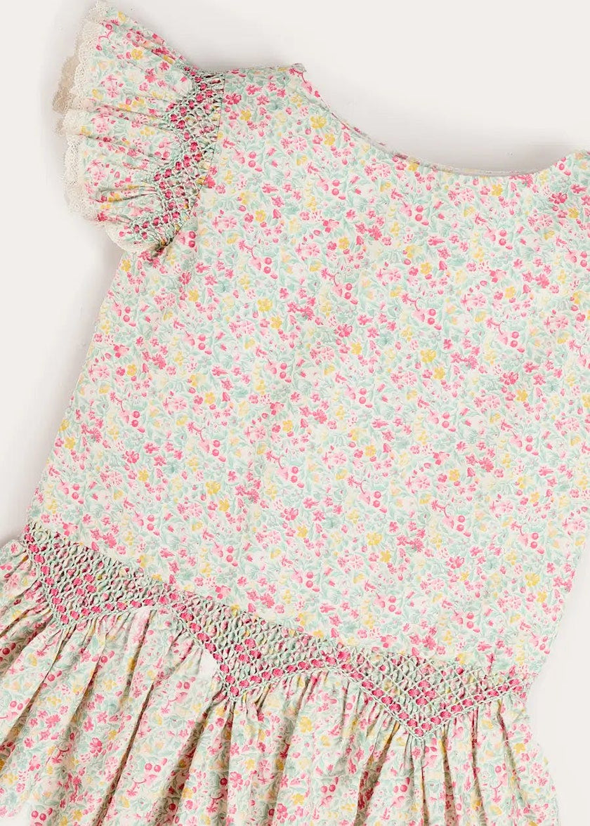 Adelaide Floral Smocked Cap Sleeve Drop Waist Dress in Pink (4-12yrs)