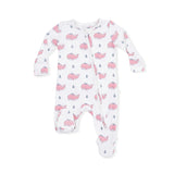 Bubbly Whale with Bow  Pink - 2 Way Ruffle Back Zipper Footie