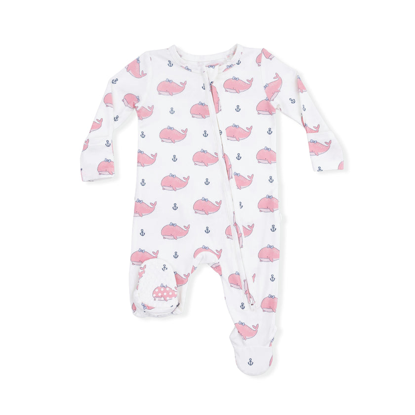 Bubbly Whale with Bow  Pink - 2 Way Ruffle Back Zipper Footie