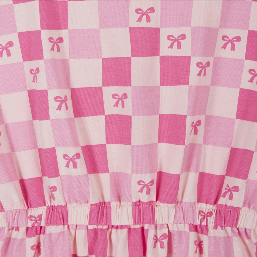 Girls Printed Jersey Dress W. Ruffle Sleeve | Pink Checker