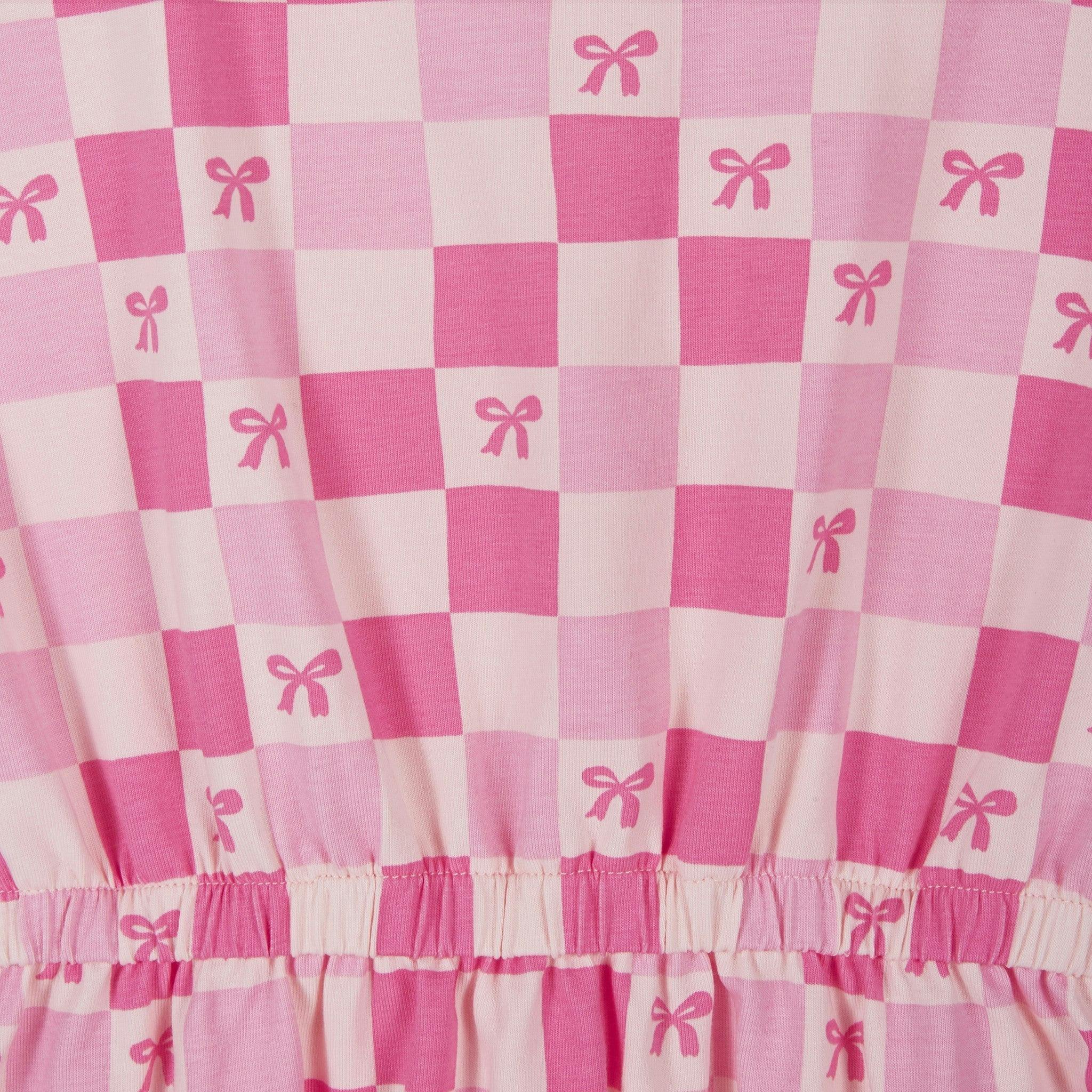 Girls Printed Jersey Dress W. Ruffle Sleeve | Pink Checker