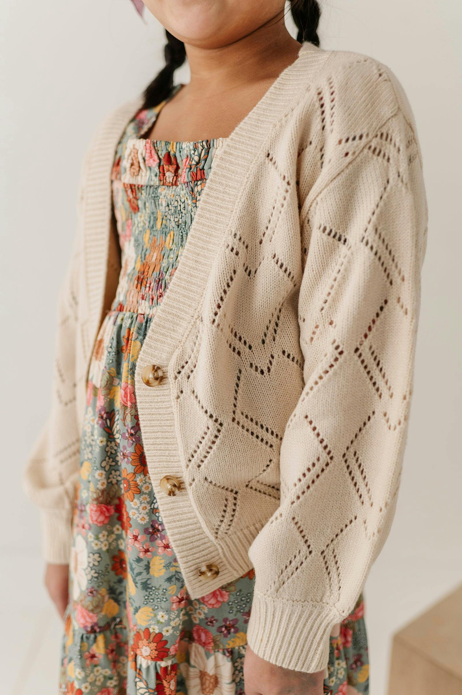 Girls Textured Sweater Cardigan in Textured Cream