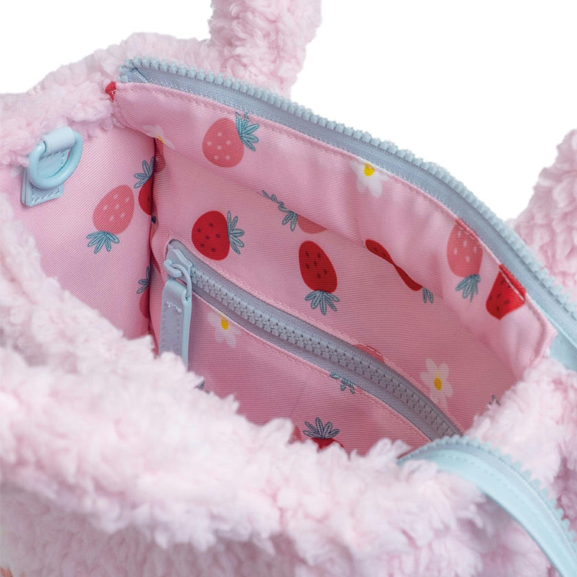 Sherpa Tote Bag – Cozy, Colorful & Convertible with Matching Coin Purse, Strawberries + Daisies