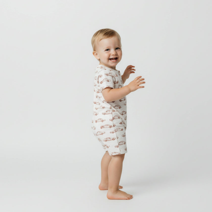 Organic Short Zip Romper - Cars