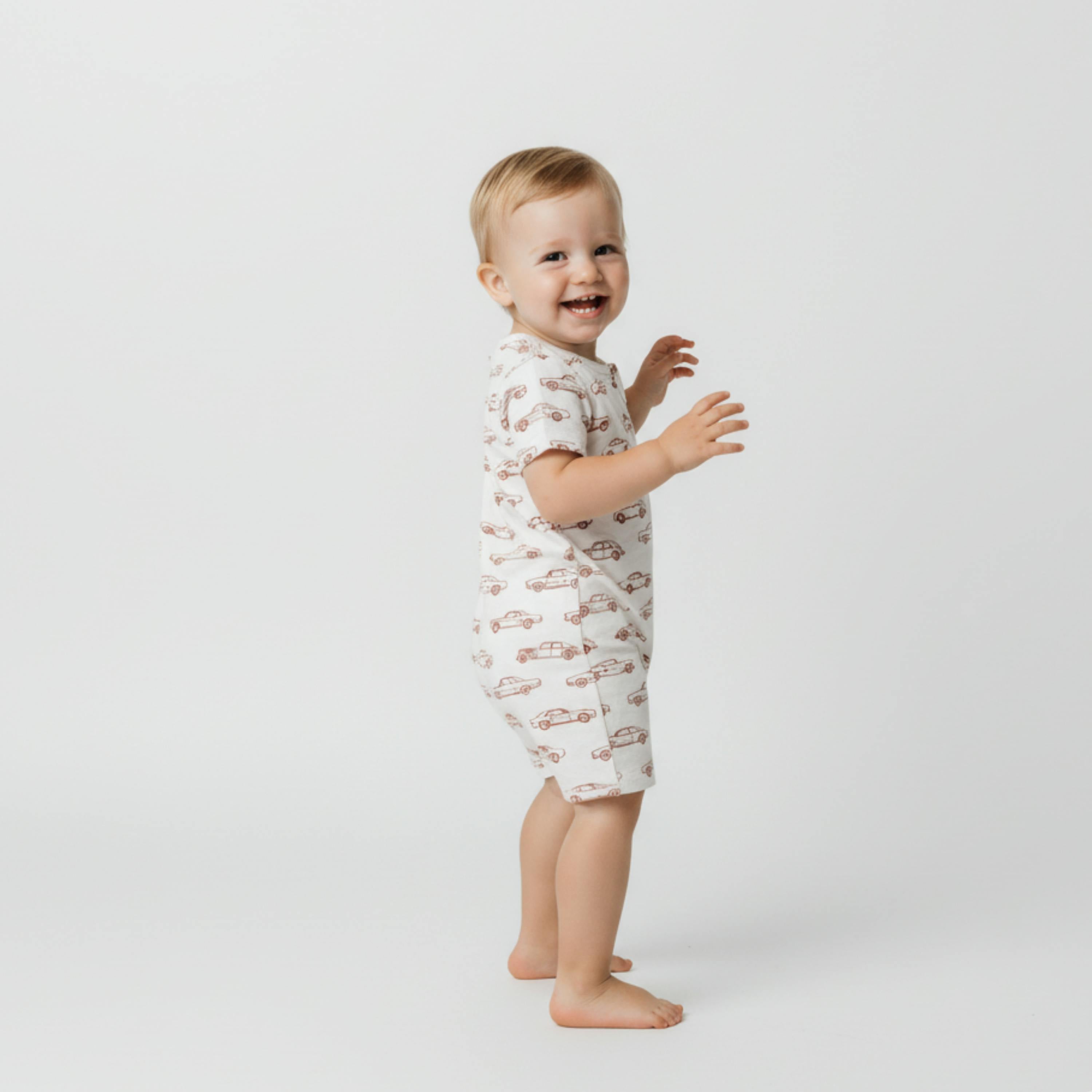 Organic Short Zip Romper - Cars
