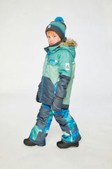 Two Piece Play Snowsuit Green And Navy Colorblock With Blue Camouflage Pants