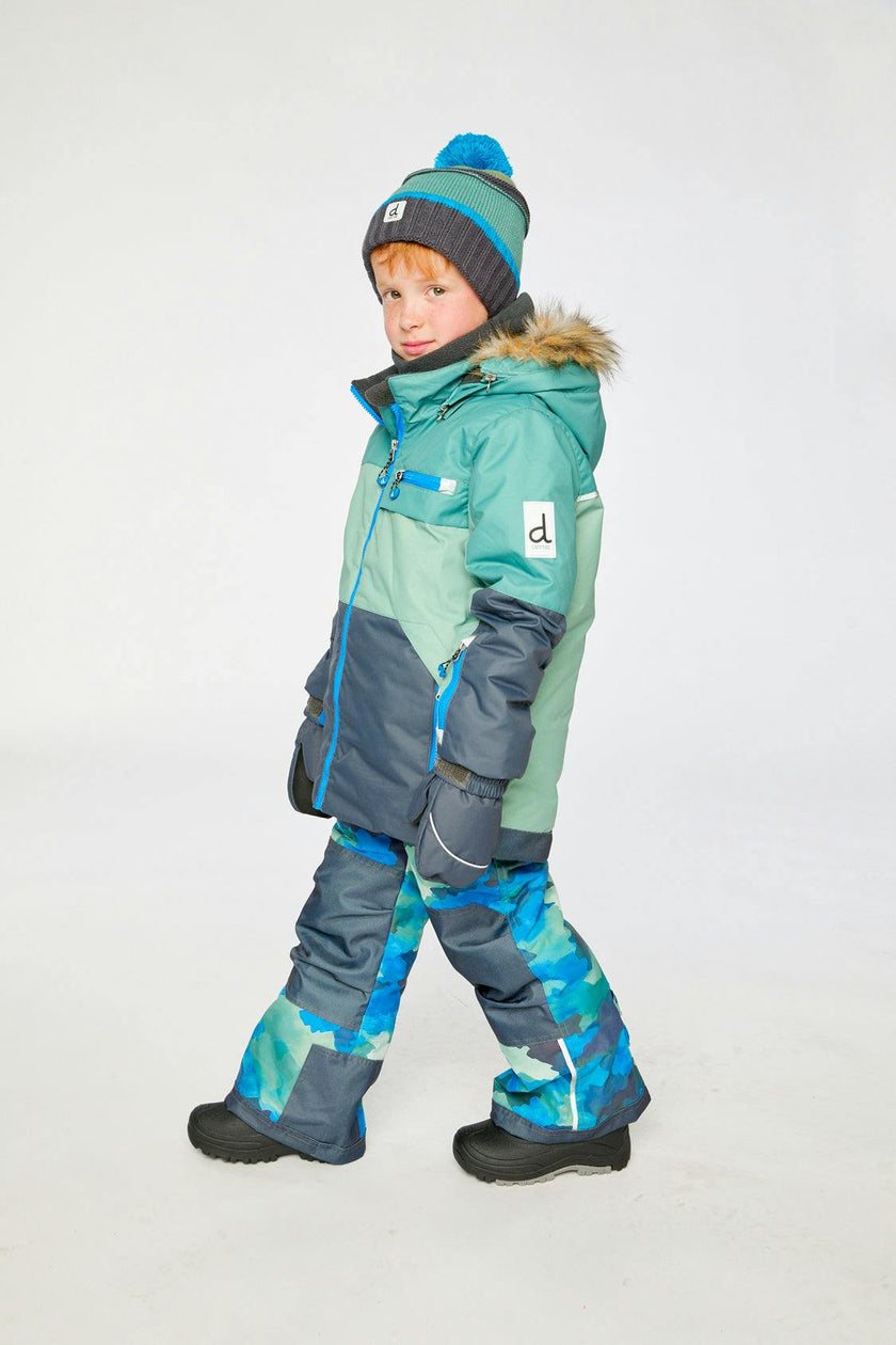Two Piece Play Snowsuit Green And Navy Colorblock With Blue Camouflage Pants