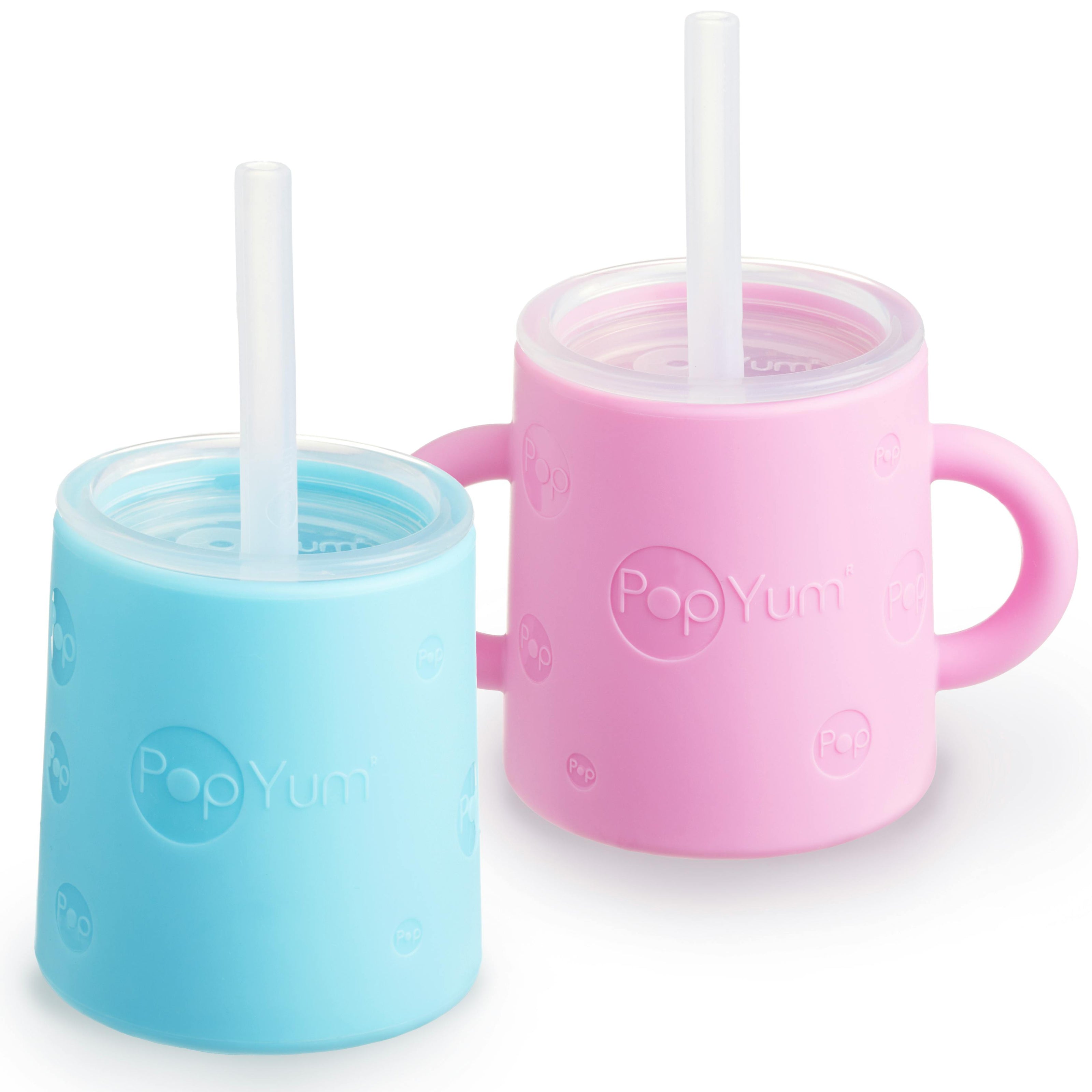 PopYum Silicone Training Cup with Straw Lid 2-Pack for Baby, Infant and Toddler, Tumbler, Sippy, handles, 5 ounce (blue, pink)