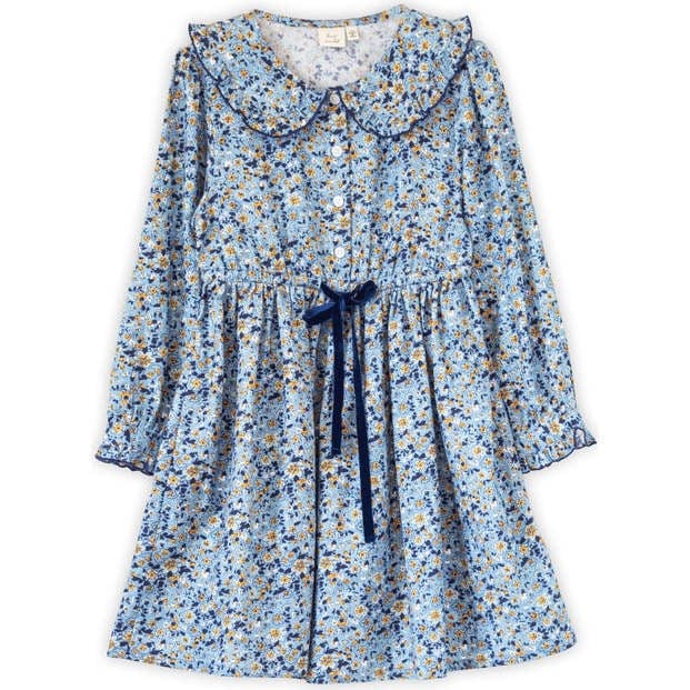 Girls Adelaide Velvet Tie Dress | Blue and Mustard Wildflowers