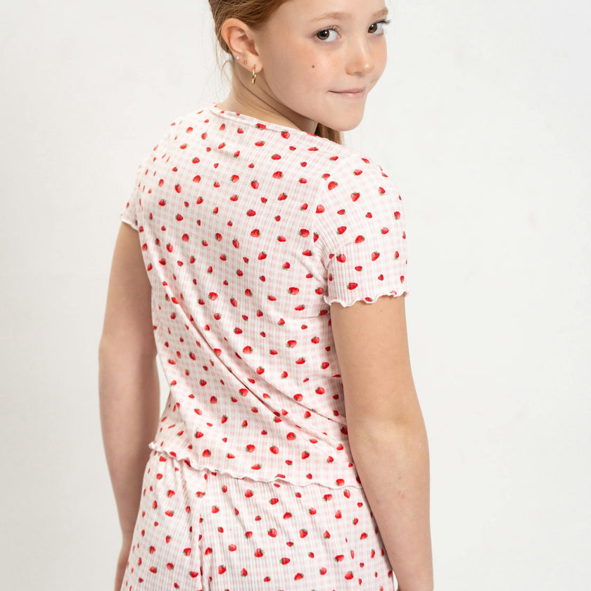 Girls Strawberry Print Short Sleeve Top and Shorts Set