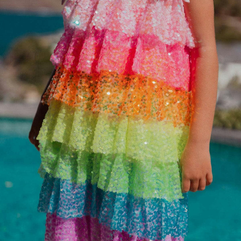 Neon Sequin Ruffle Dress With Tie Shoulders
