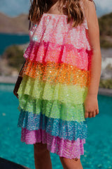Neon Sequin Ruffle Dress With Tie Shoulders