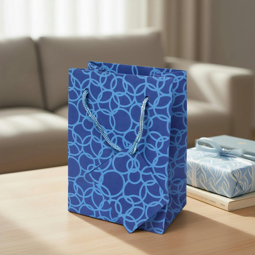 Set of Six Recycled Cotton Gift Bags Tag Blue Circles Design