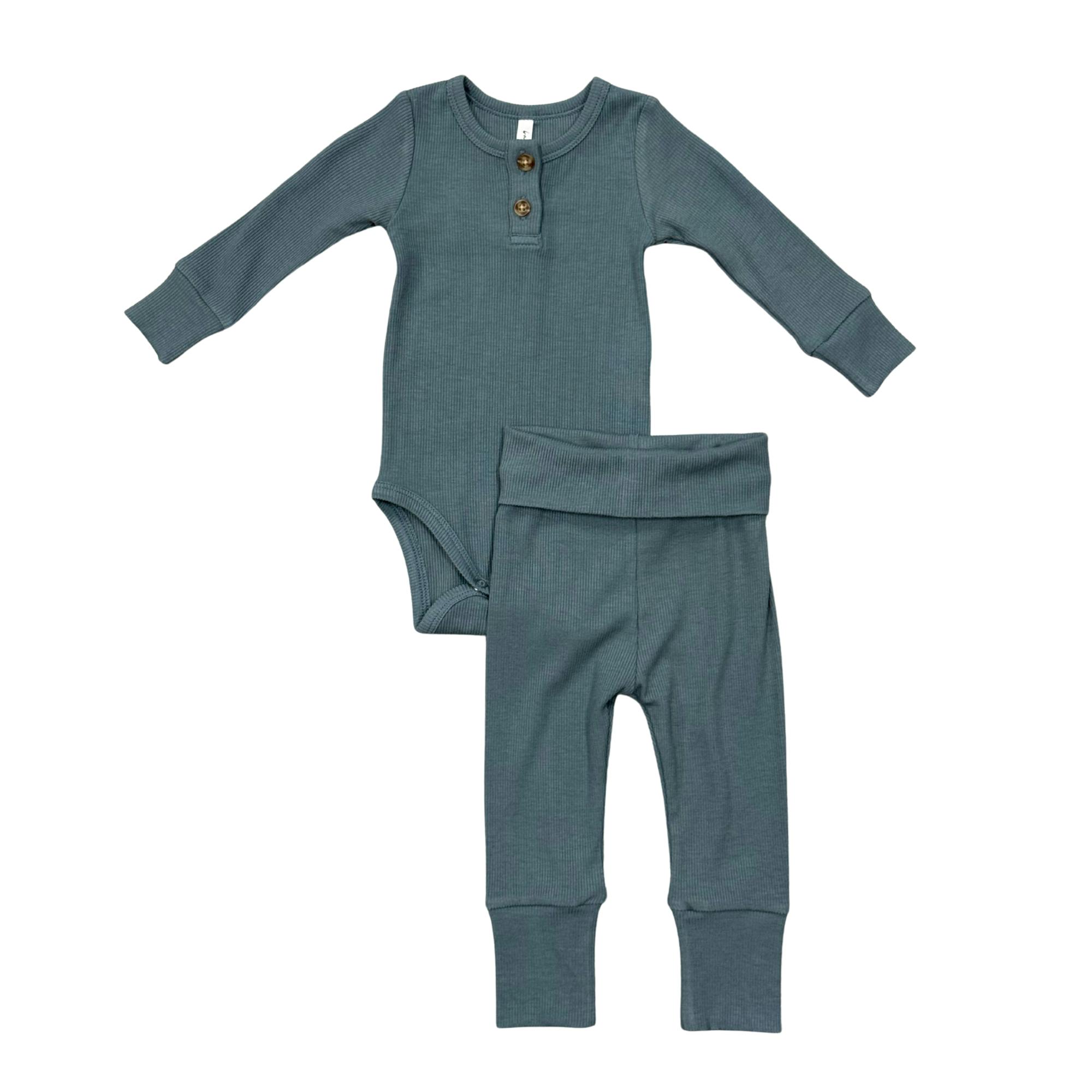 Ribbed Henley Bodysuit Set in Slate Mist