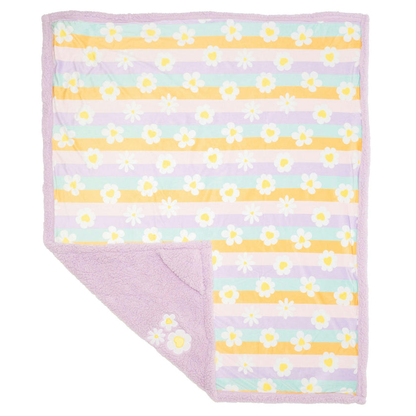 Cozy Switch Blanket – Reversible Sherpa & Mink Fleece Blanket with Embroidered Appliqué, Happy Daisy Stripes