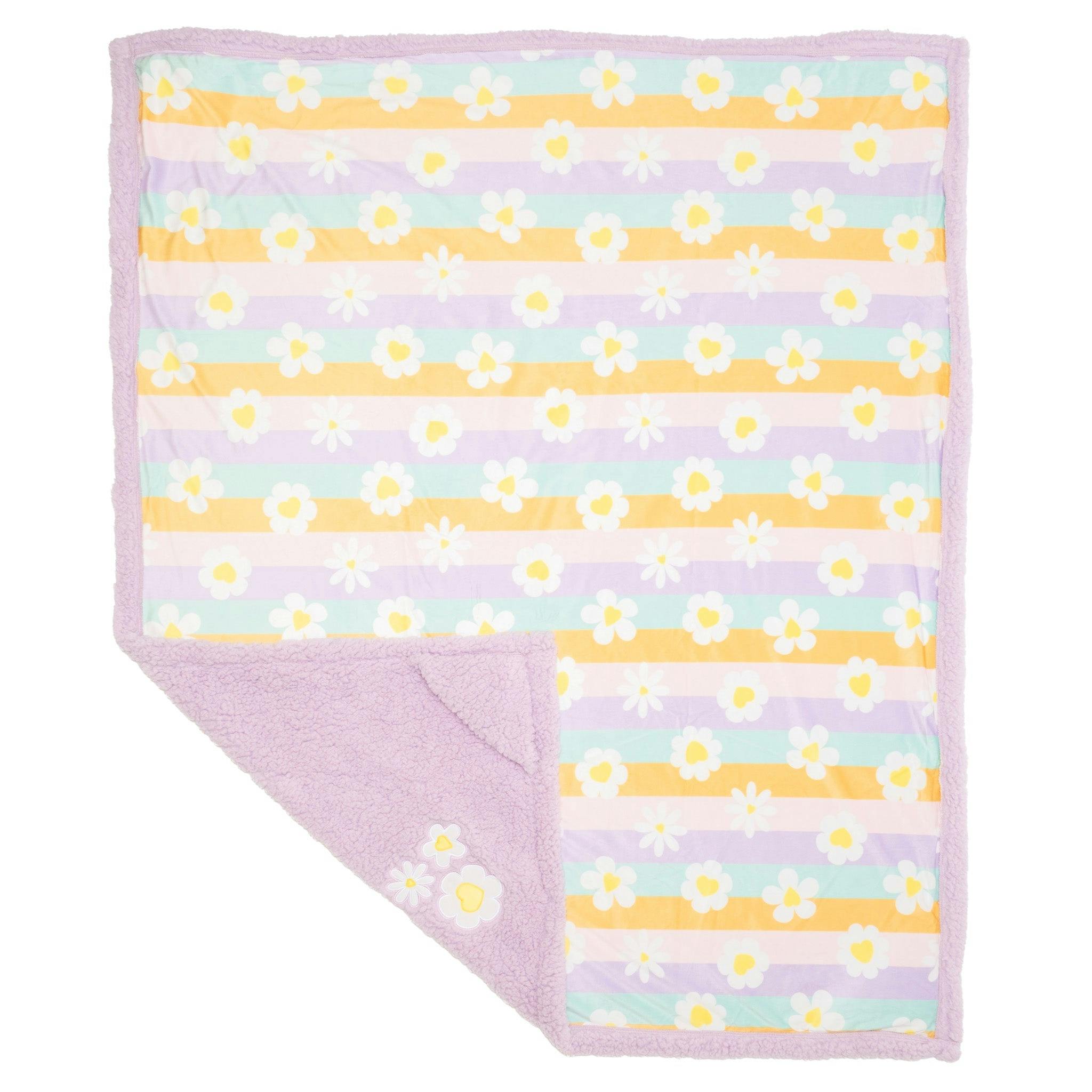 Cozy Switch Blanket – Reversible Sherpa & Mink Fleece Blanket with Embroidered Appliqué, Happy Daisy Stripes