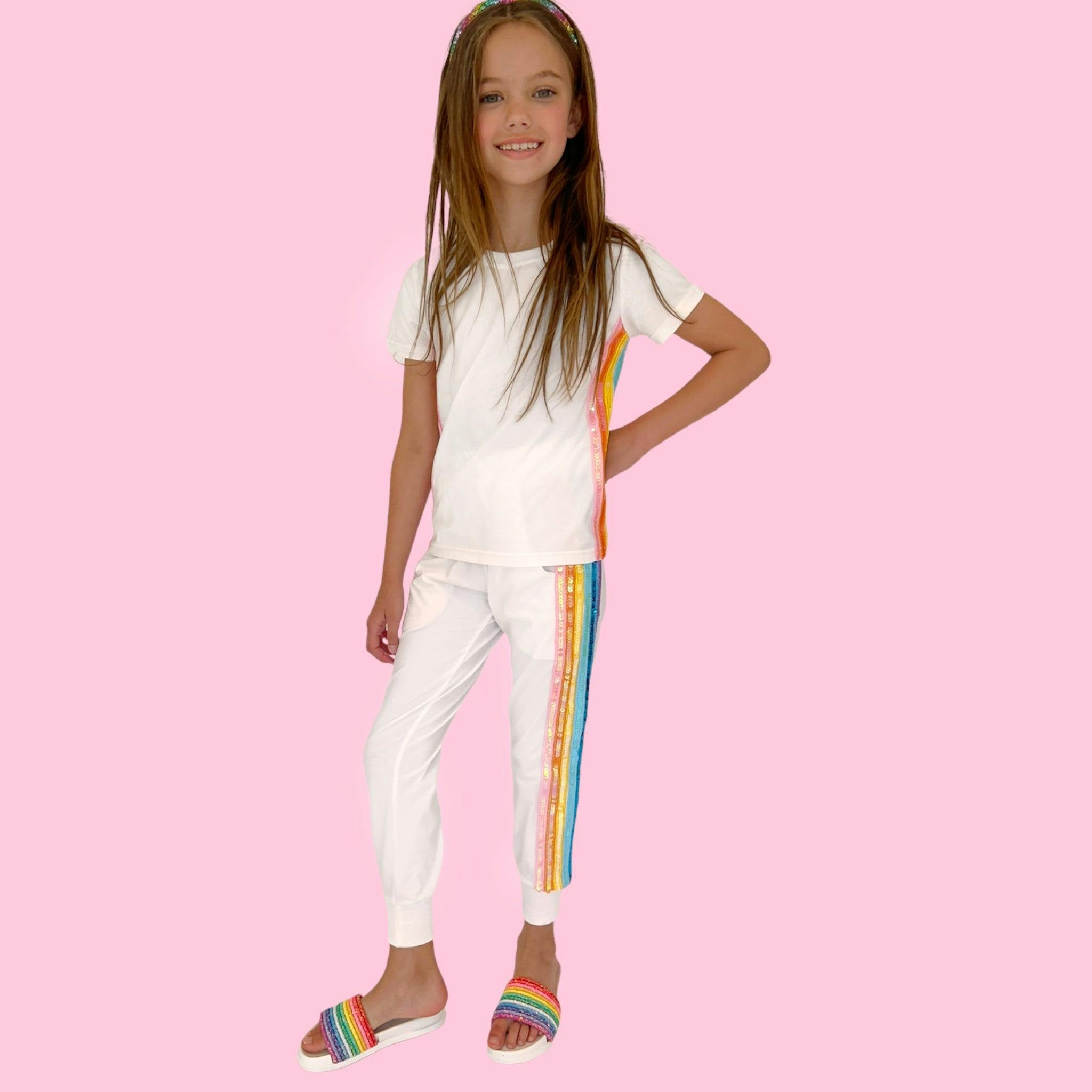 White Rainbow Sequin 2-Piece Jogger Set