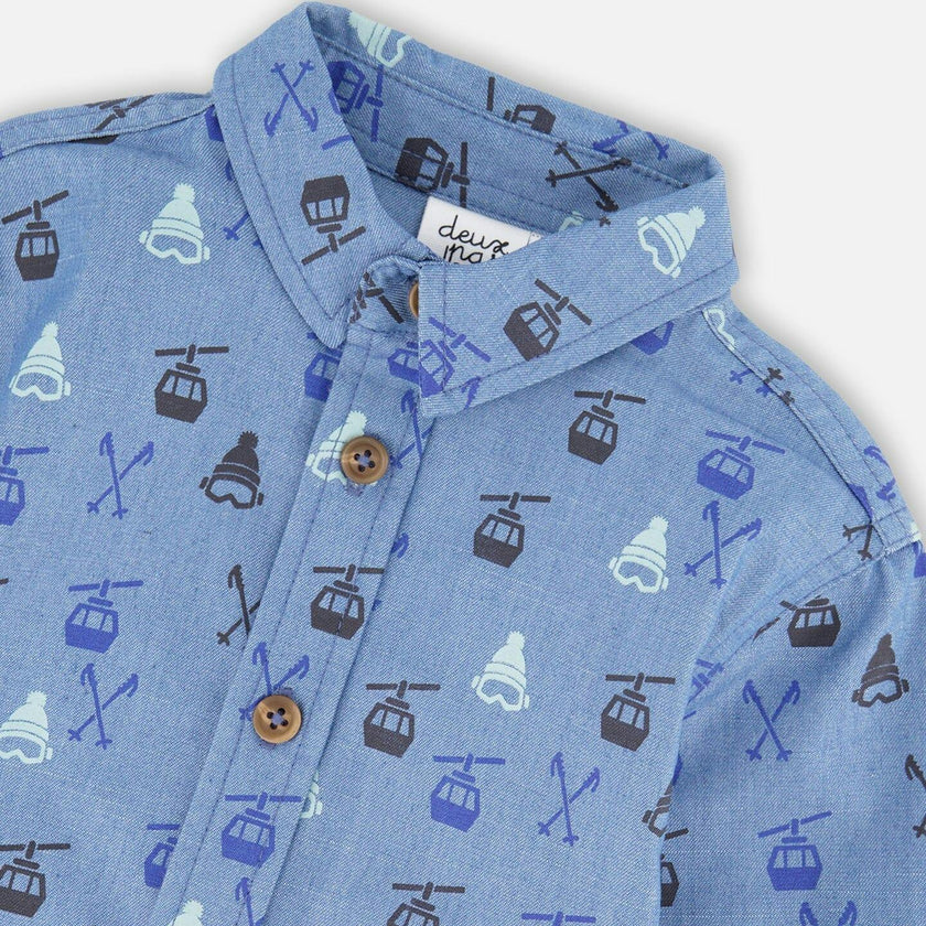 Printed Long Sleeve Button Front Chambray Shirt