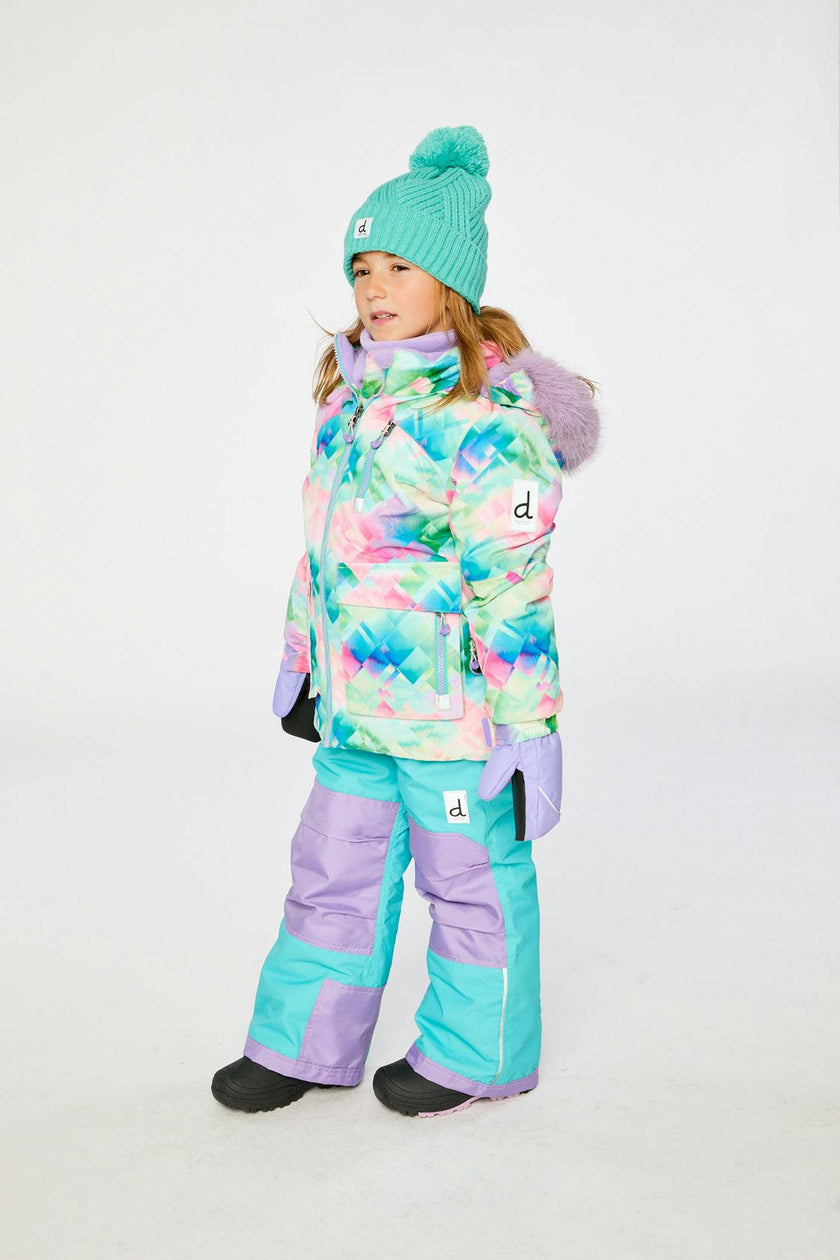 Two Piece Play Snowsuit Multicolored With A Diamond Pattern With Turquoise And Purple Pants