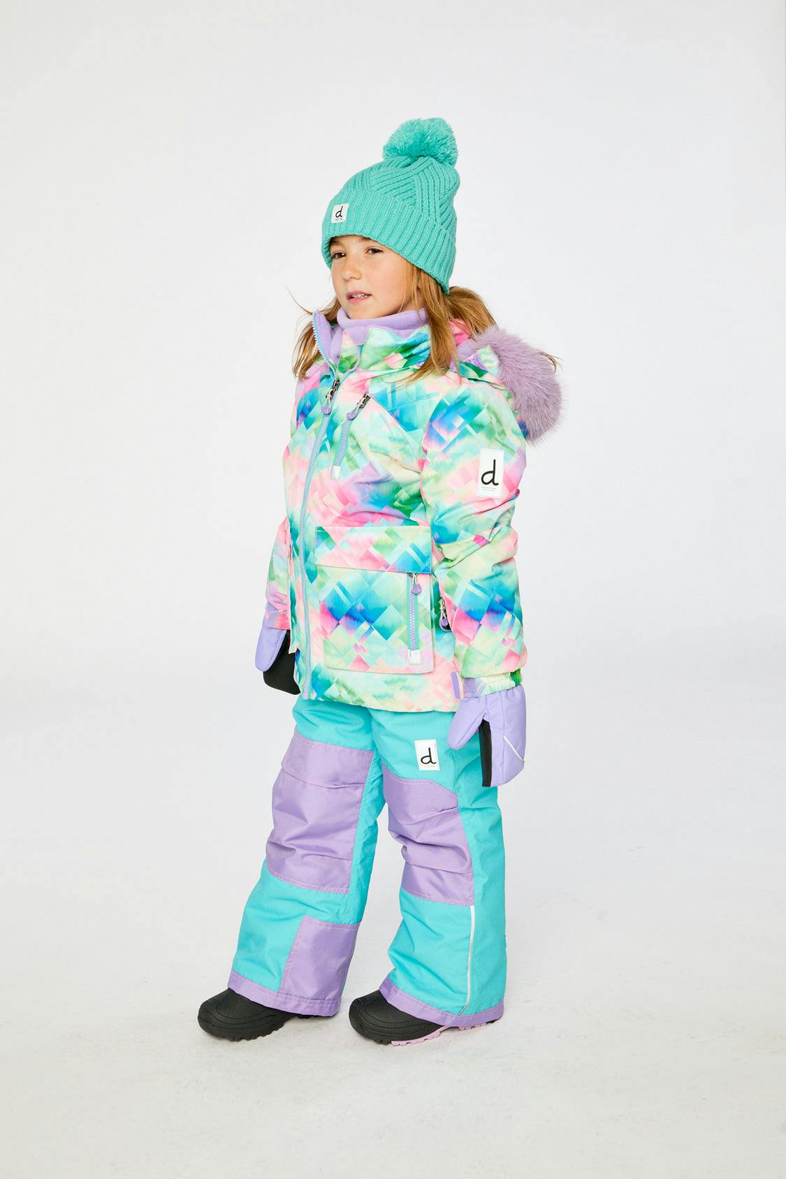 Two Piece Play Snowsuit Multicolored With A Diamond Pattern With Turquoise And Purple Pants