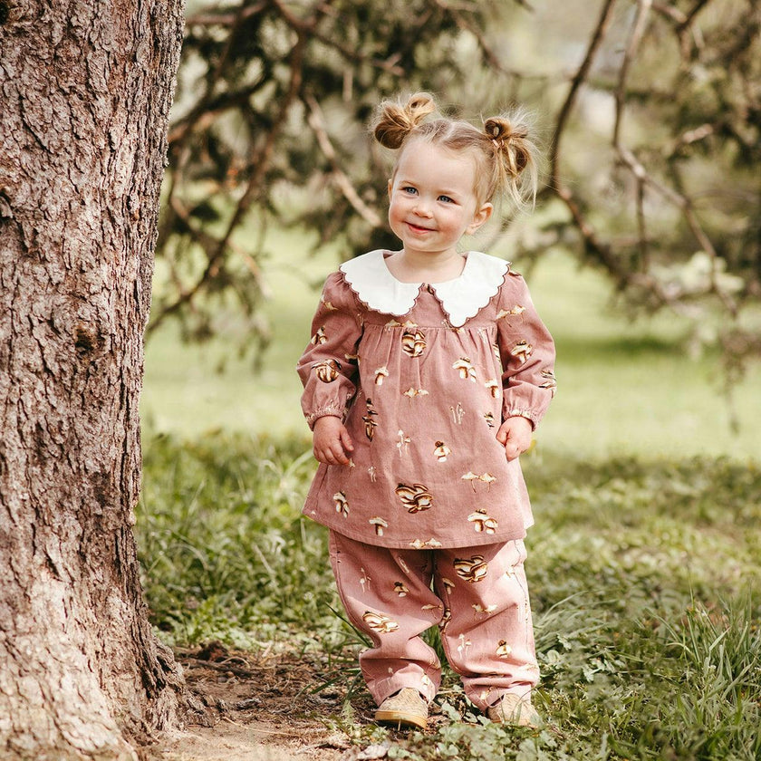 Mushroom Corduroy Long Sleeve Collared Dress