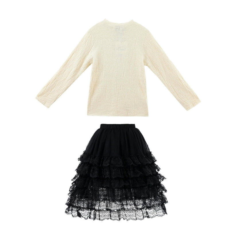 Cream Ribbed Sweater with Lace Skirt