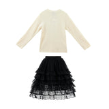 Cream Ribbed Sweater with Lace Skirt
