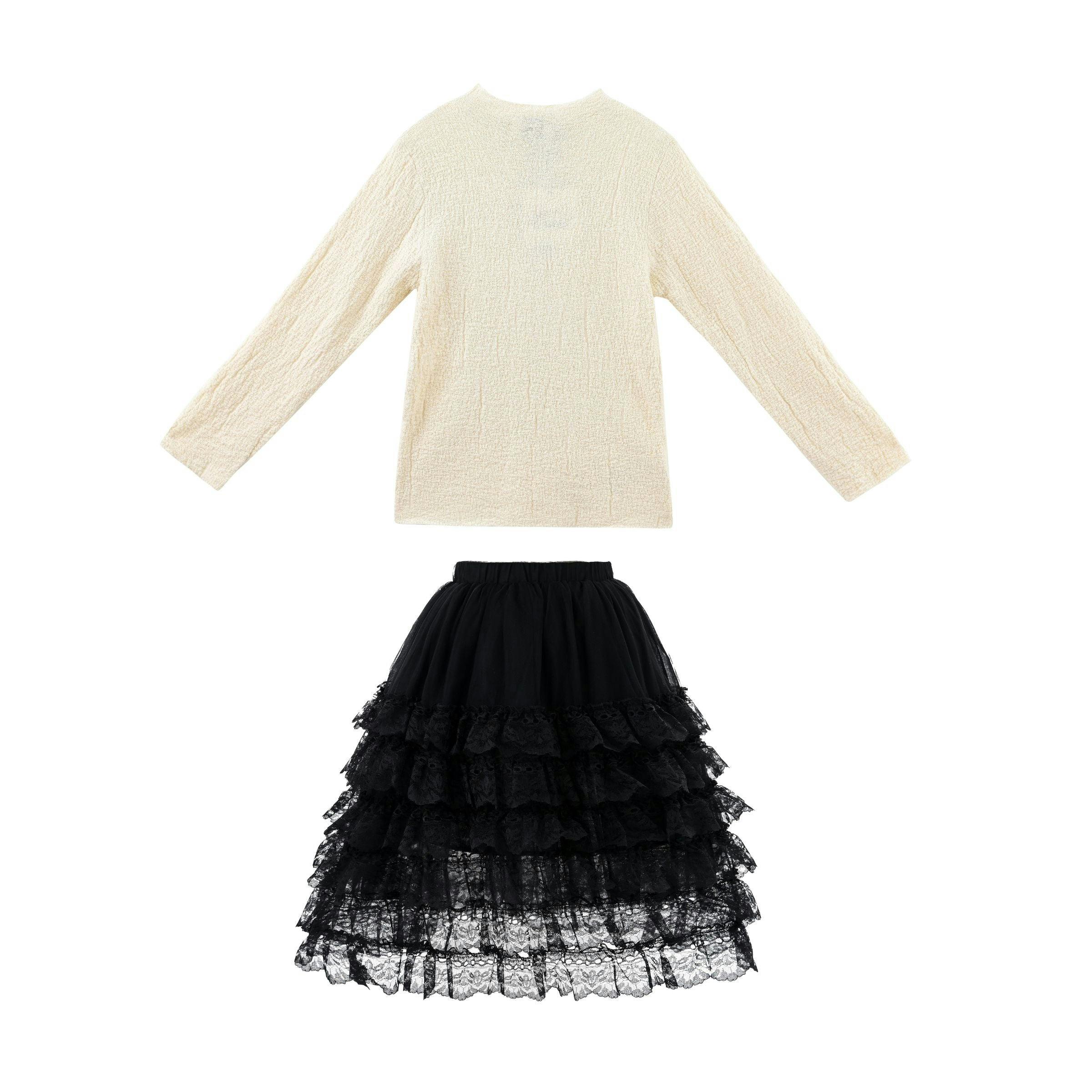 Cream Ribbed Sweater with Lace Skirt