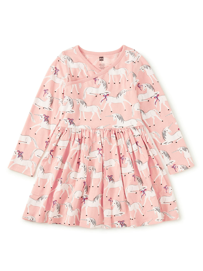 Long Sleeve Wrap Neck Dress, Royal Meadow Unicorns