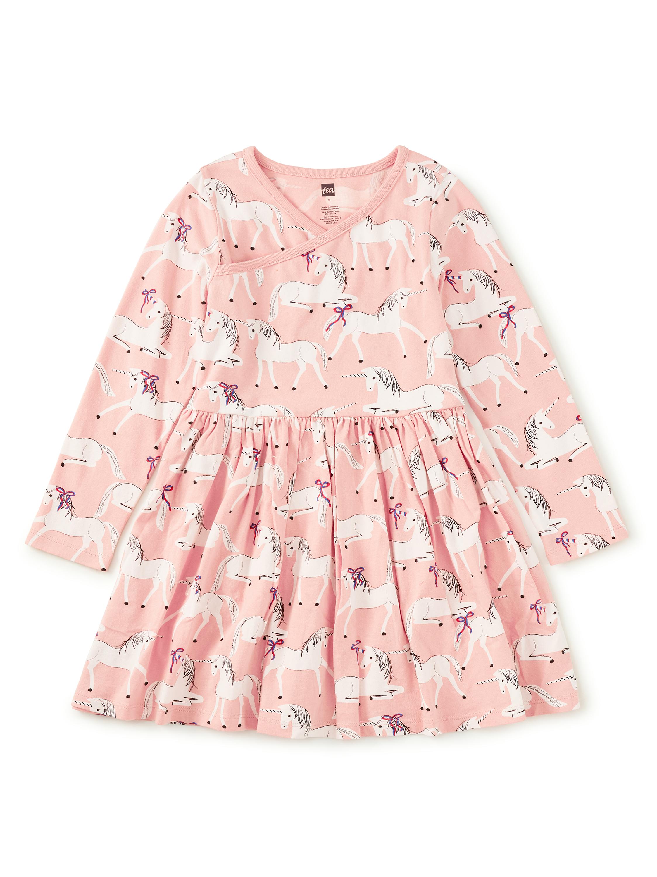 Long Sleeve Wrap Neck Dress, Royal Meadow Unicorns