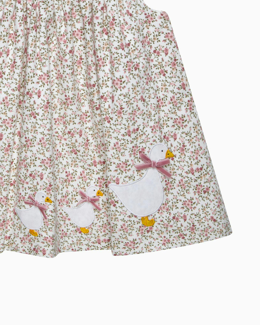 Baby Cord Ditsy Floral Duck Pinafore in Pink