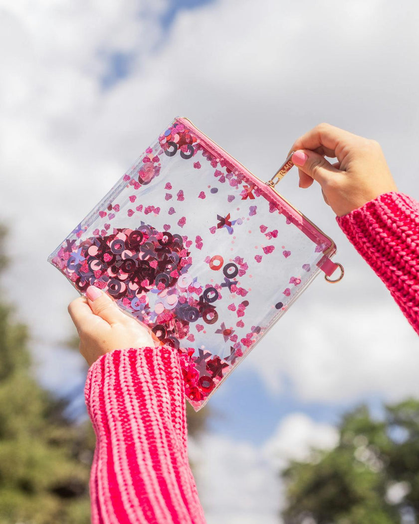 Packed Party Valentine XO Confetti Everything Pouch - Pink Red XOXO Confetti-Trapped Clear Vinyl Clutch Organizer, 8.75x7.75 Inch
