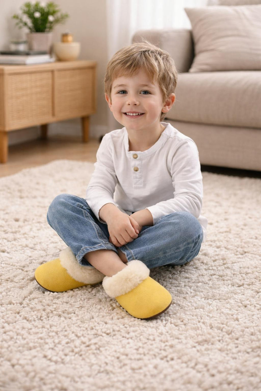 Kids Genuine Alpaca Fur Slippers | Handmade in Peru | Naturally Hypoallergenic | Golden Honey