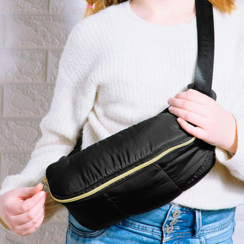 Style.Lab: Bekah Puffer Crossbody Backpack Belt Set - Black