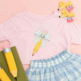 Blue Plaid Pencil Bow Short Sleeve T-Shirt
