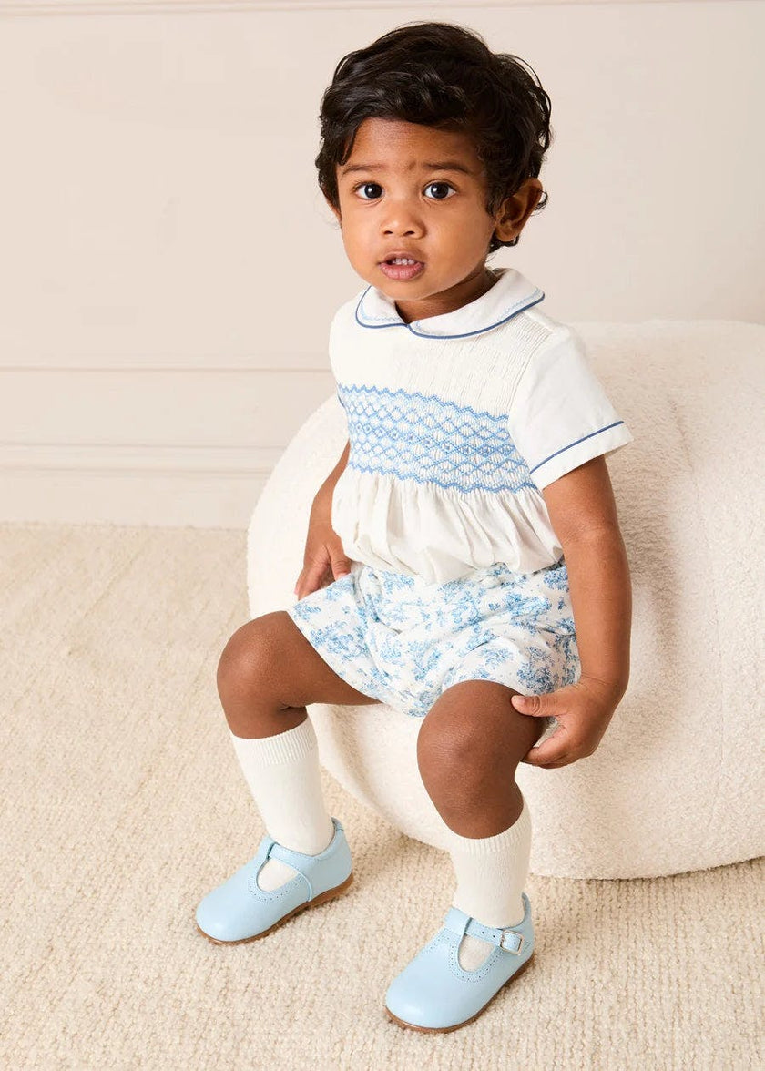 Audrey Toile Peter Pan Collar Hand Smocked Two Piece Set in Blue (6mths-3yrs)