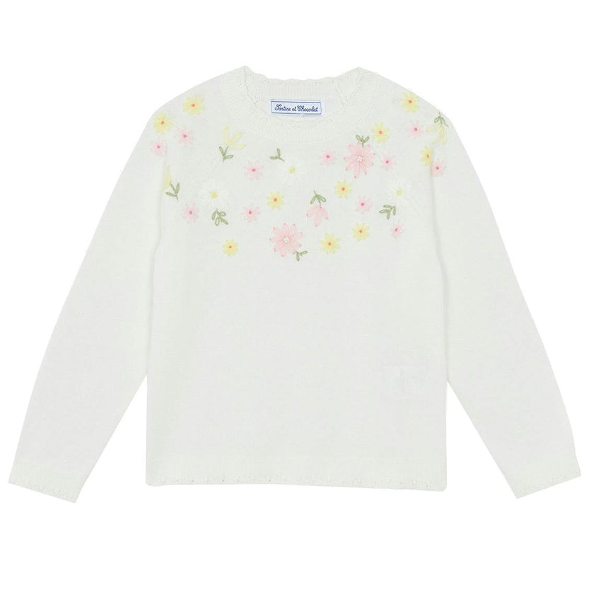 TARTINE ET CHOCOLAT Embroidered Floral Sweater - Nacre