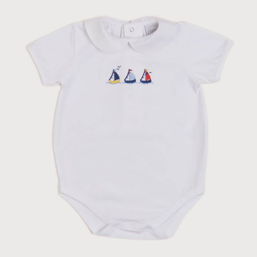 Embroidered Boat Motif Peter Pan Collar Bodysuit in White (1mth-3yrs)
