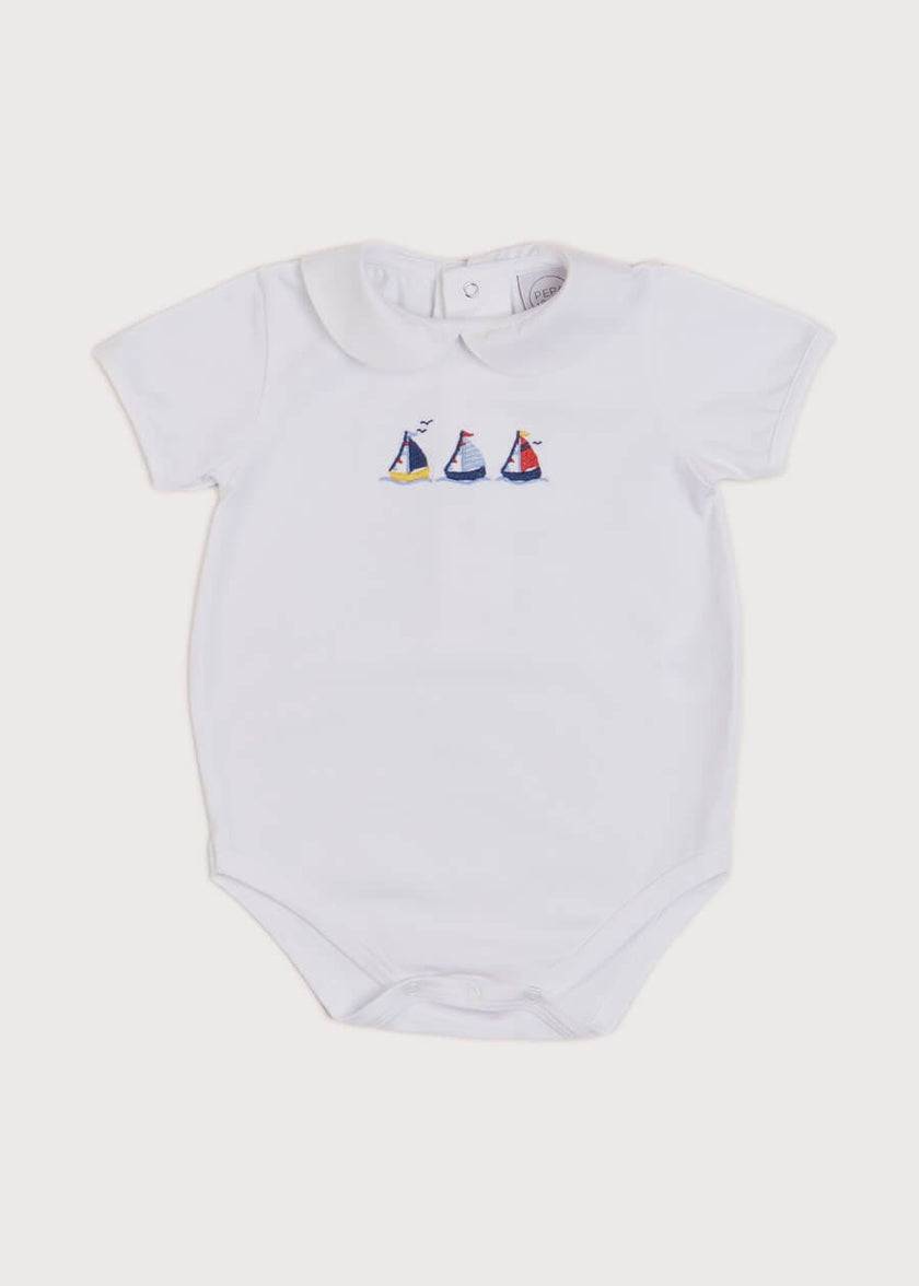 Embroidered Boat Motif Peter Pan Collar Bodysuit in White (1mth-3yrs)