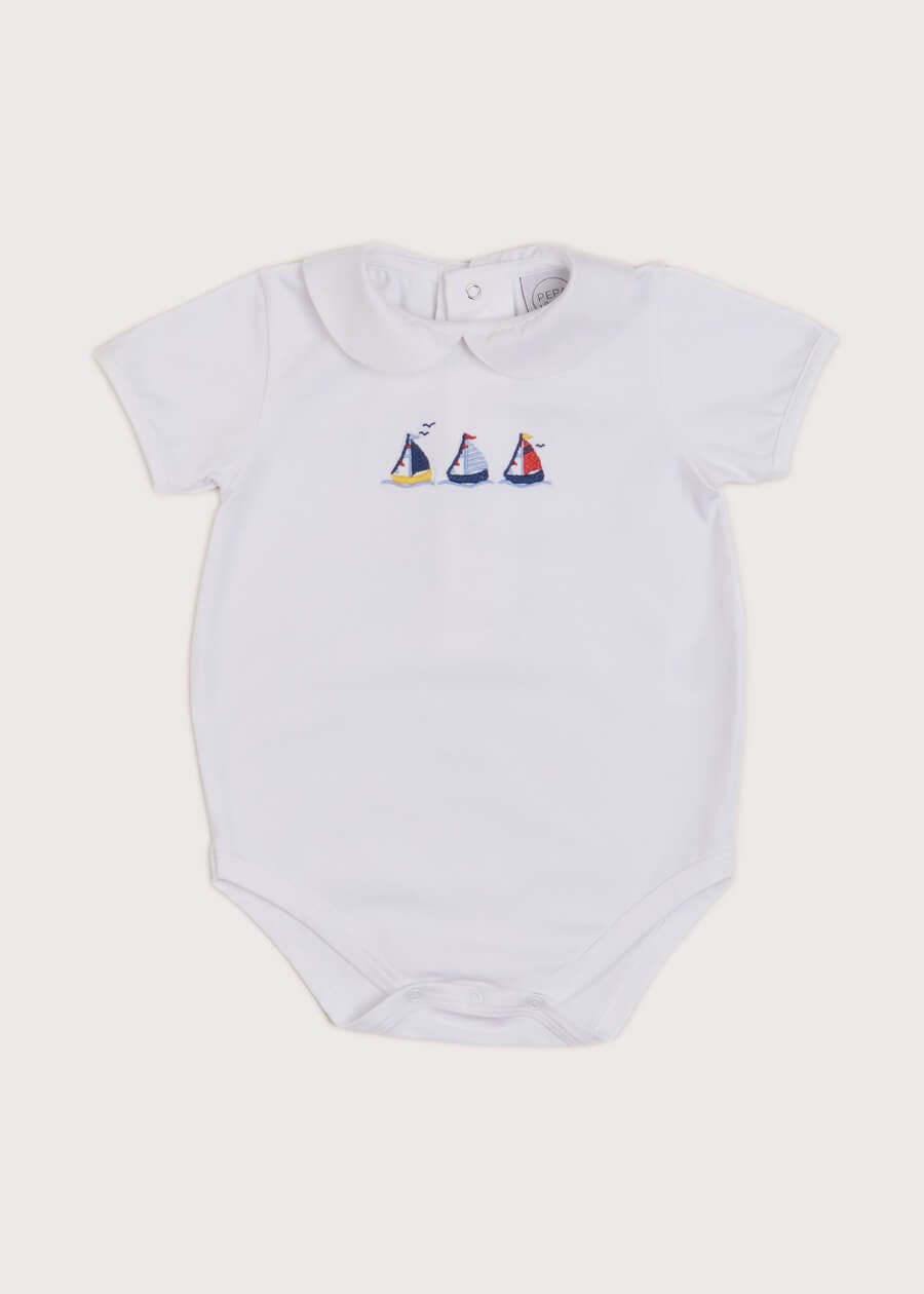Embroidered Boat Motif Peter Pan Collar Bodysuit in White (1mth-3yrs)