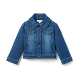 Denim Ruffle Collar Jacket In Medium Wash, dark