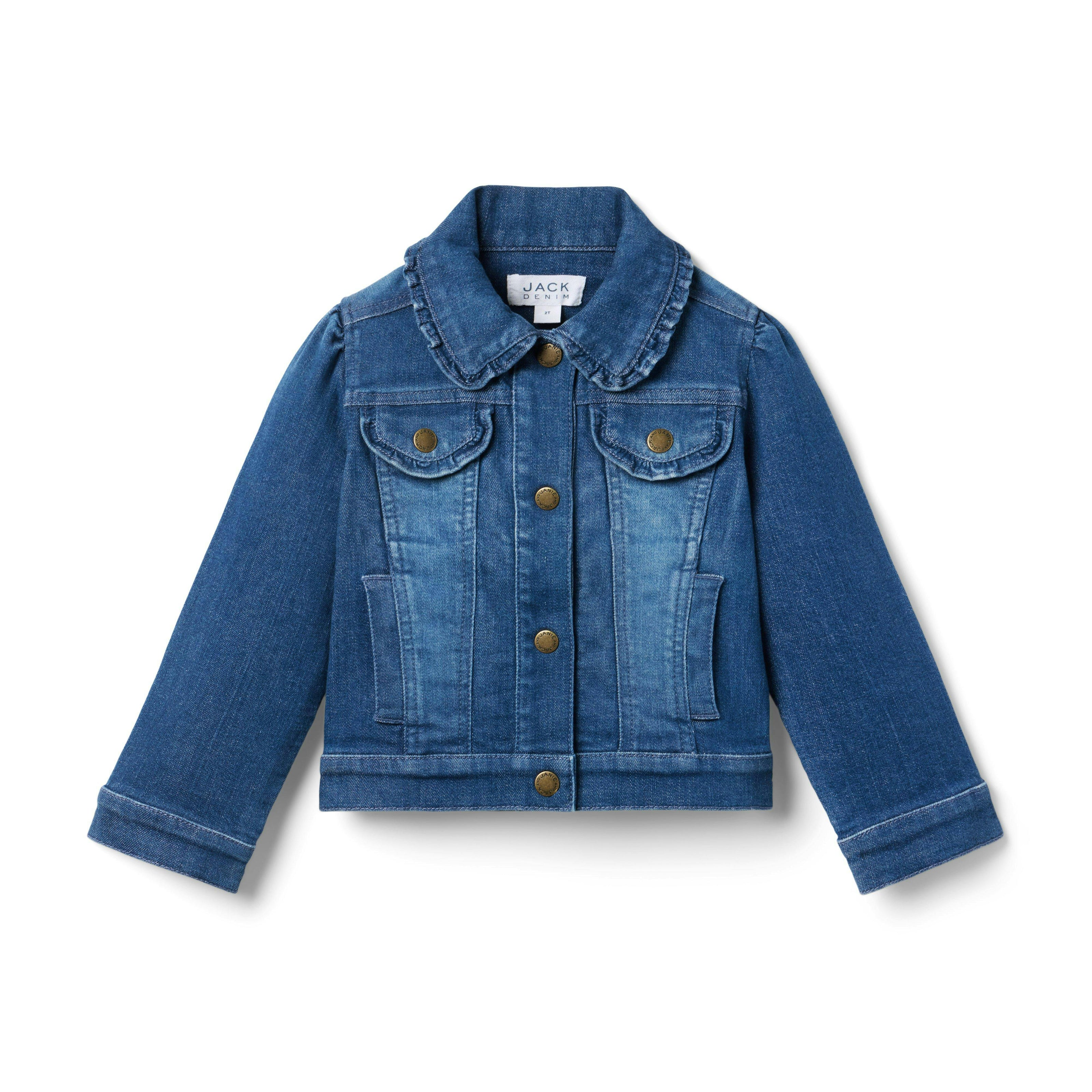 Denim Ruffle Collar Jacket In Medium Wash, dark