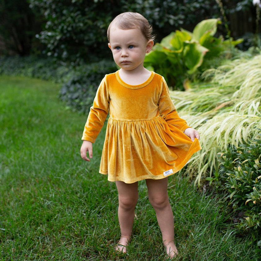 Long Sleeve Bubble Romper in Mustard Velvet FW25