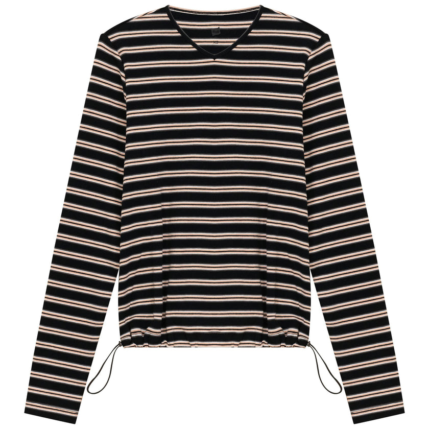 Ribbed Striped V Neck Tee With Bungee Rope