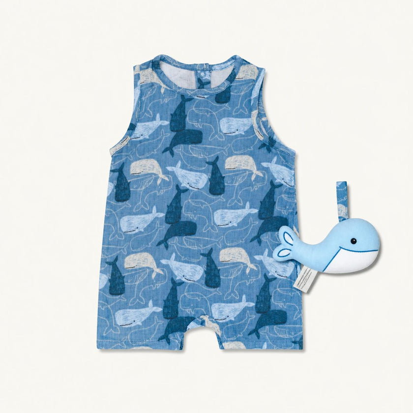 Muslin Coverall & Stroller Toy Set - Whale Tales