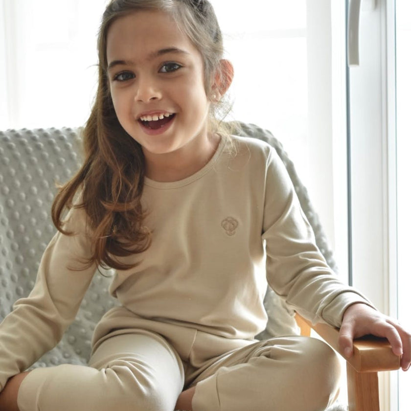 Girl Beige Pajama Set in Pima Cotton