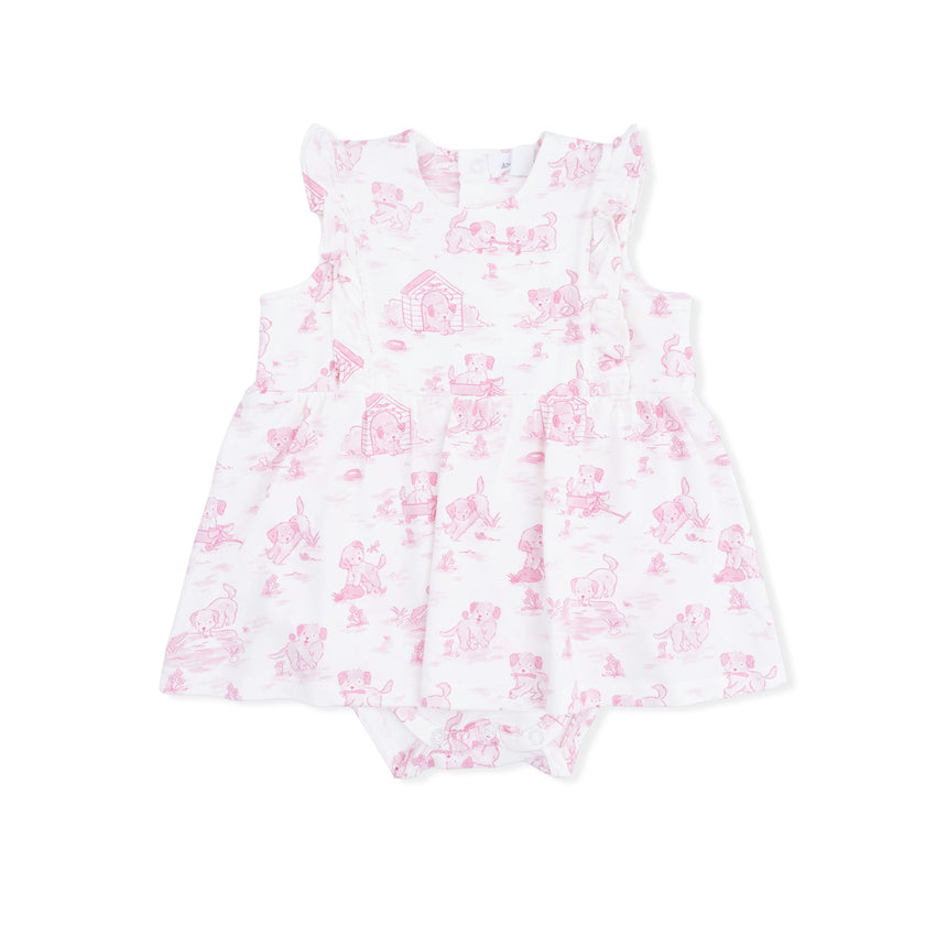 Puppy Toile Pink - Ruffle Bodysuit Dress
