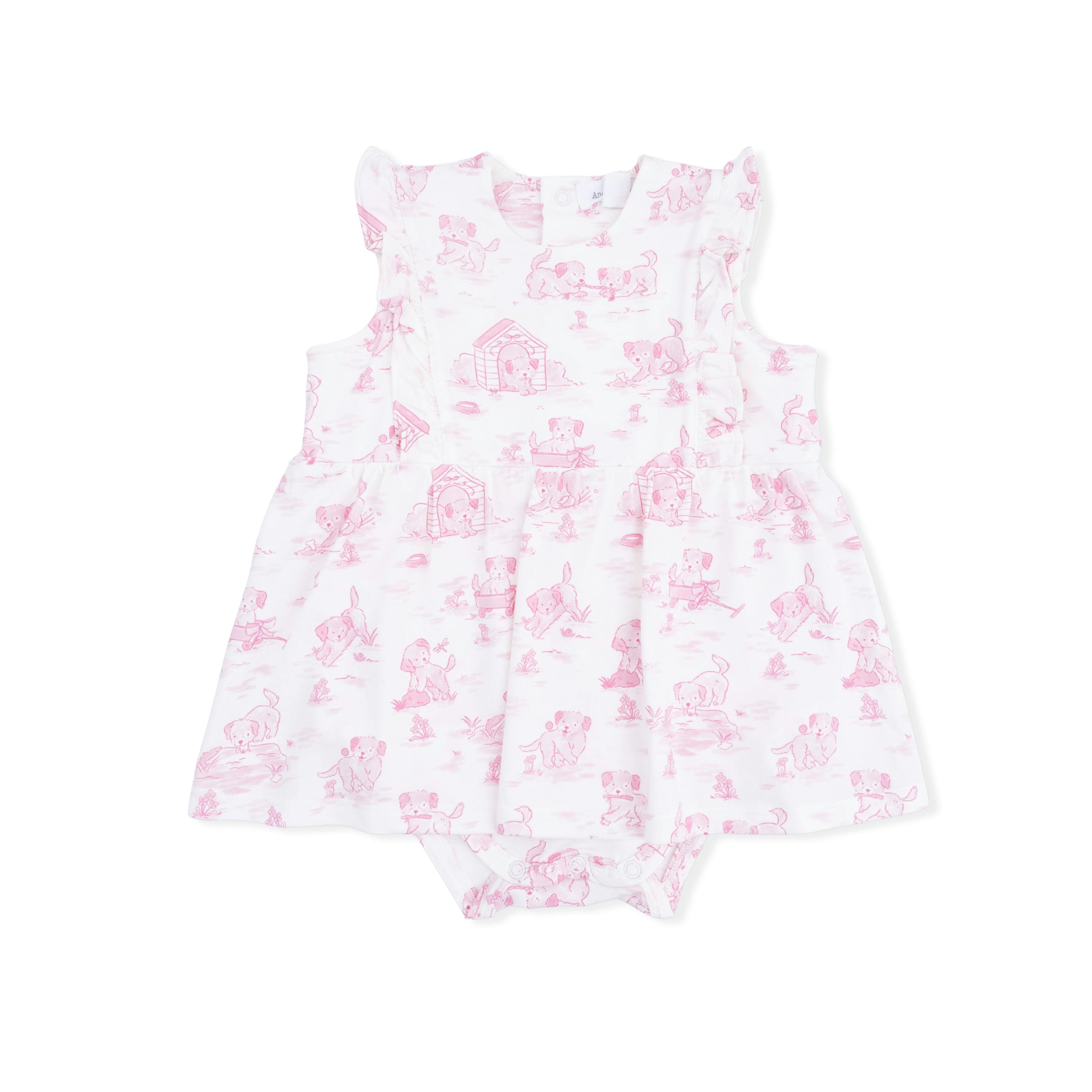 Puppy Toile Pink - Ruffle Bodysuit Dress